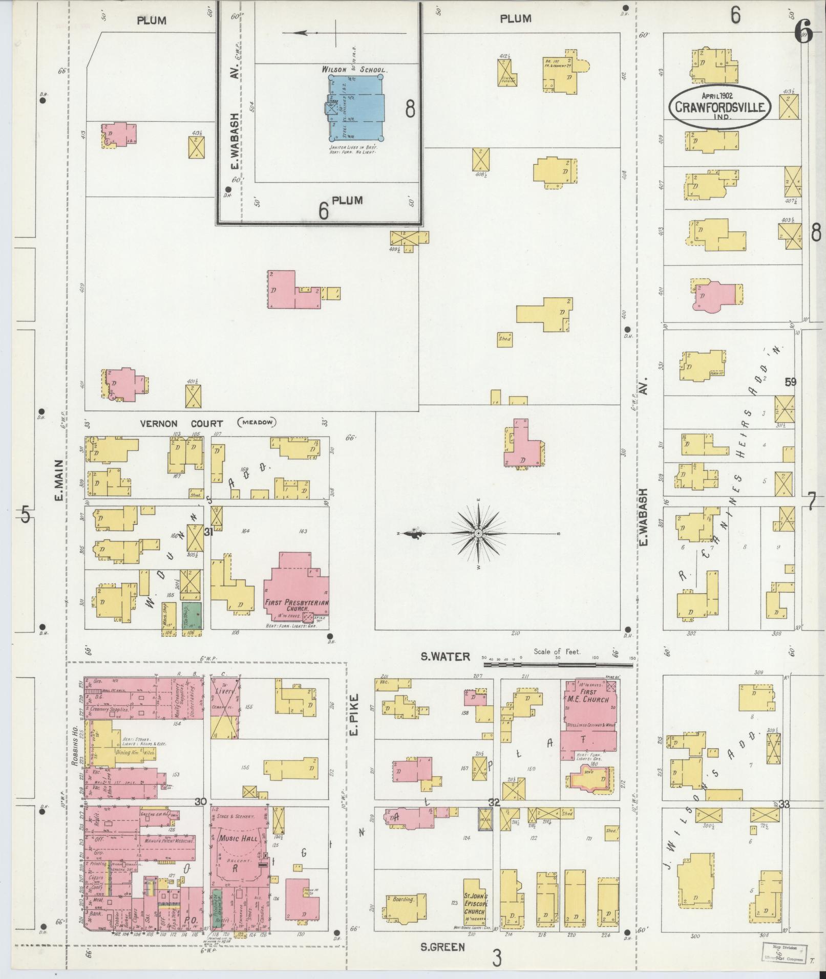 Sanborn Fire Insurance Map from Crawfordsville, Montgomery County, Indiana (1902), Sheet #0006 - Historic Sanborn Fire Insurance Map Print, vintage old map wall art, antique decor, genealogy gift, Indiana Indiana map