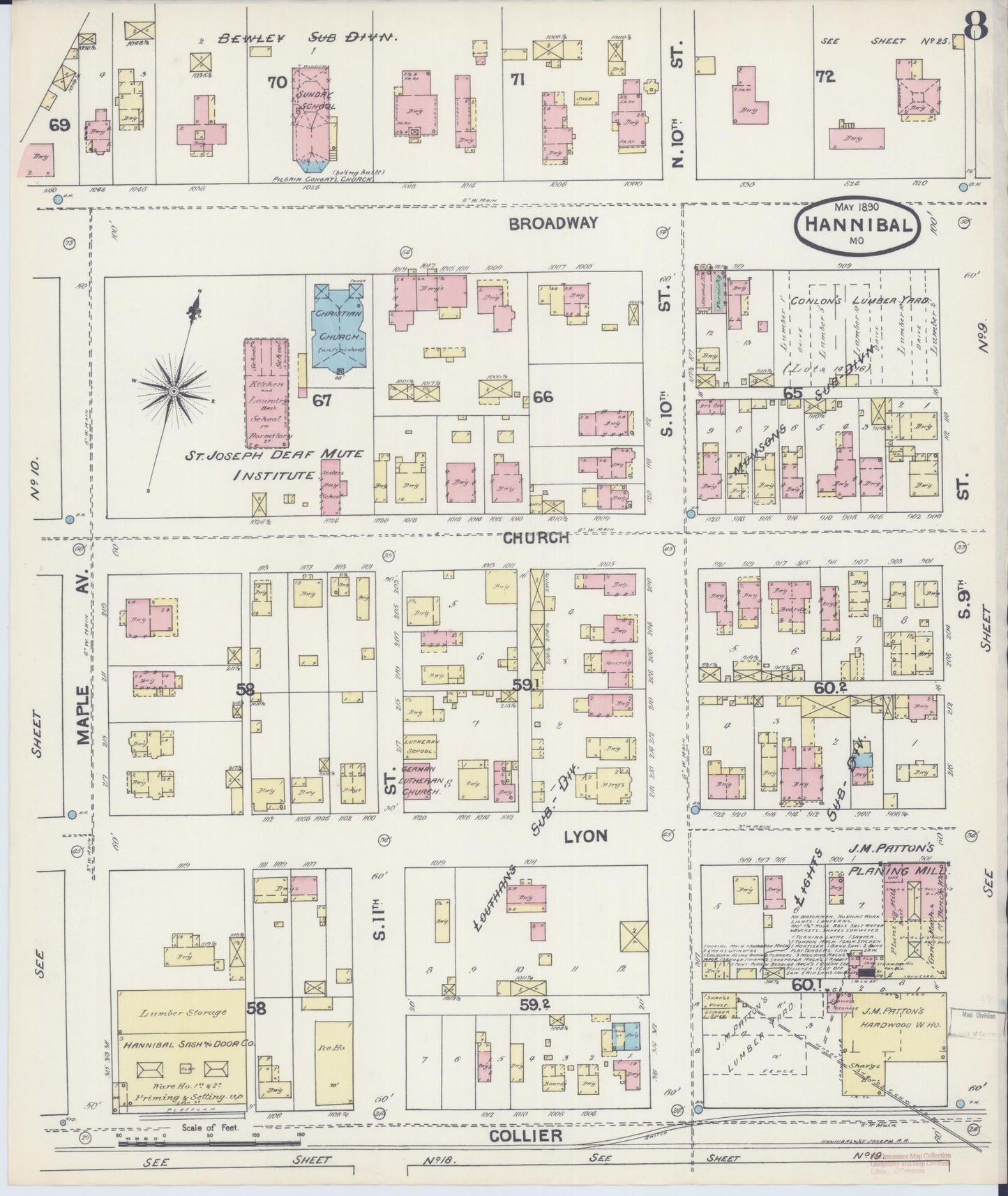 Sanborn Fire Insurance Map from Hannibal, Marion County, Missouri (1890), Sheet #0008 - Historic Sanborn Fire Insurance Map Print, vintage old map wall art, antique decor, genealogy gift, Missouri Missouri map