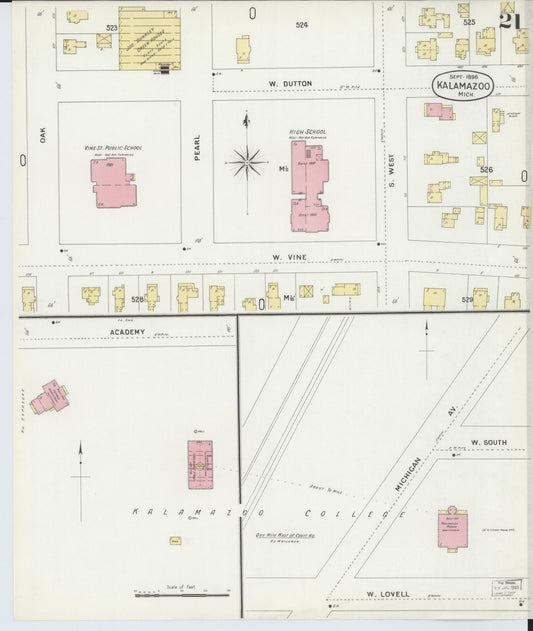 Sanborn Fire Insurance Map from Kalamazoo, Kalamazoo County, Michigan (1896), Sheet #0021 - Historic Sanborn Fire Insurance Map Print, vintage old map wall art, antique decor, genealogy gift, Michigan Michigan map