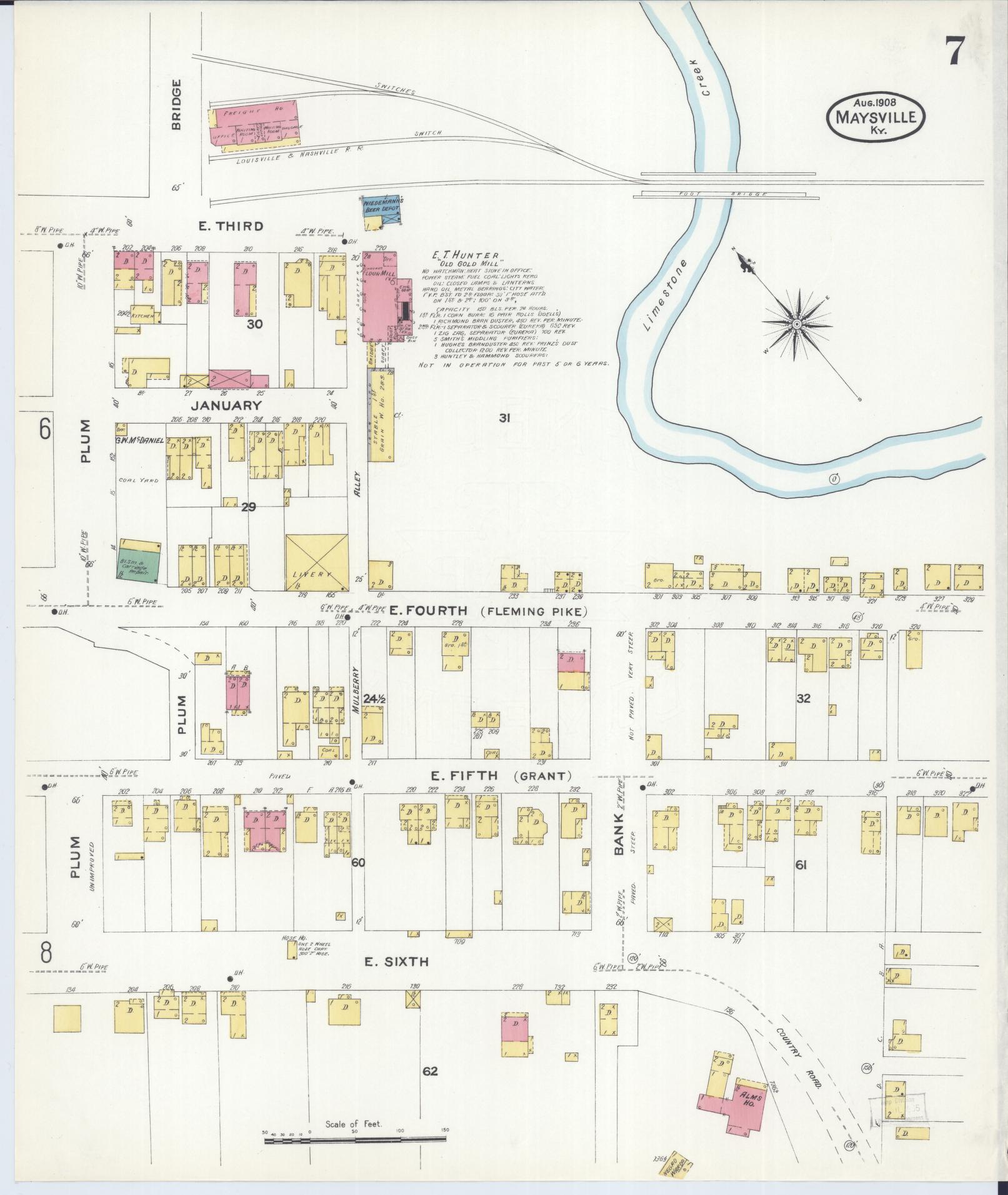 Sanborn Fire Insurance Map from Maysville, Mason County, Kentucky (1908), Sheet #0007 - Historic Sanborn Fire Insurance Map Print, vintage old map wall art, antique decor, genealogy gift, Kentucky Kentucky map