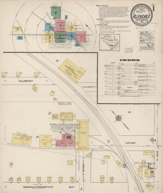 Sanborn Fire Insurance Map from Allendale, Allendale County, South Carolina (1922), Sheet #0001 - Historic Sanborn Fire Insurance Map Print, vintage old map wall art, antique decor, genealogy gift, South Carolina South Carolina map