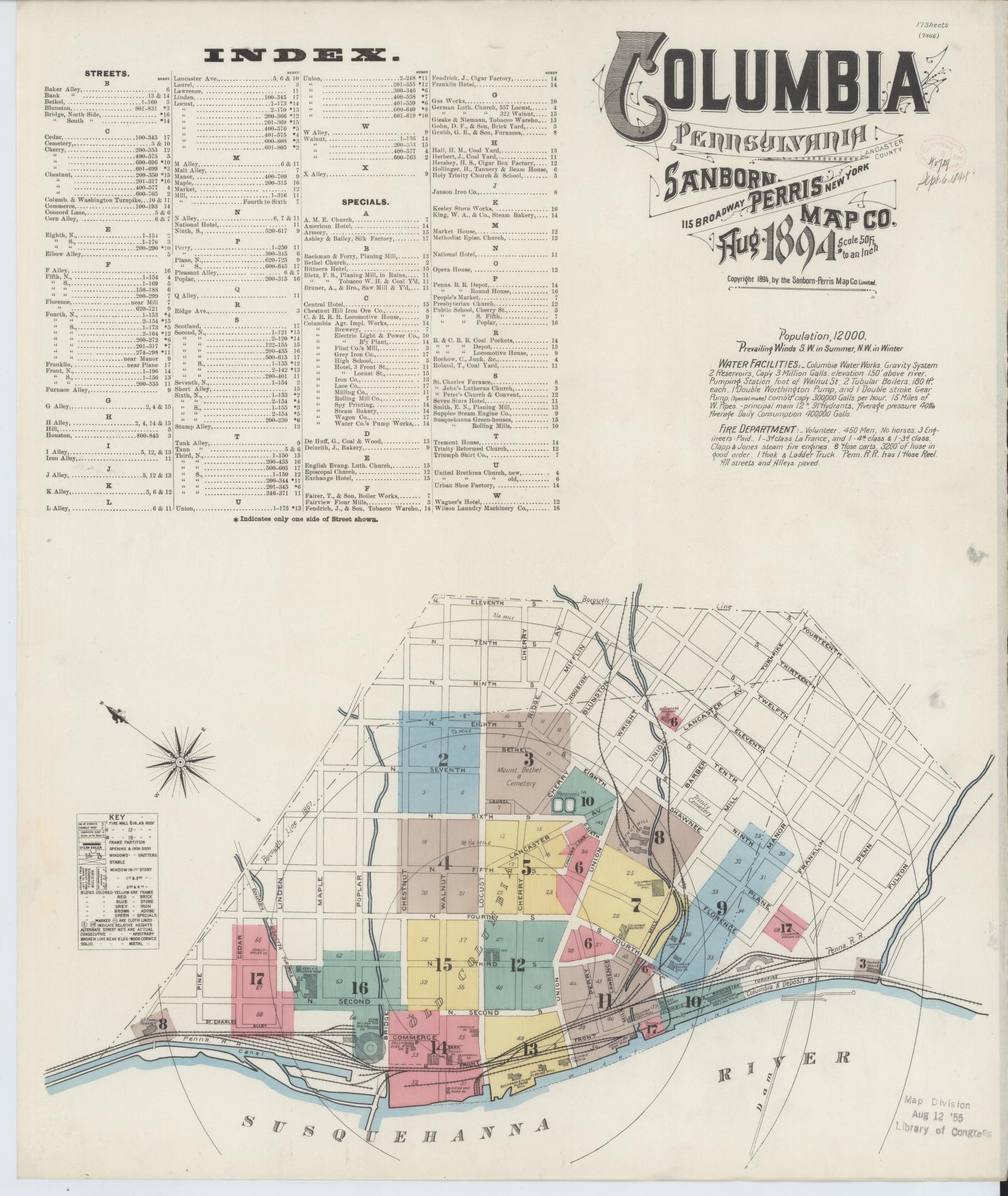 Sanborn Fire Insurance Map from Columbia, Lancaster County, Pennsylvania (1894), Sheet #0001 - Historic Sanborn Fire Insurance Map Print, vintage old map wall art, antique decor, genealogy gift, Pennsylvania Pennsylvania map