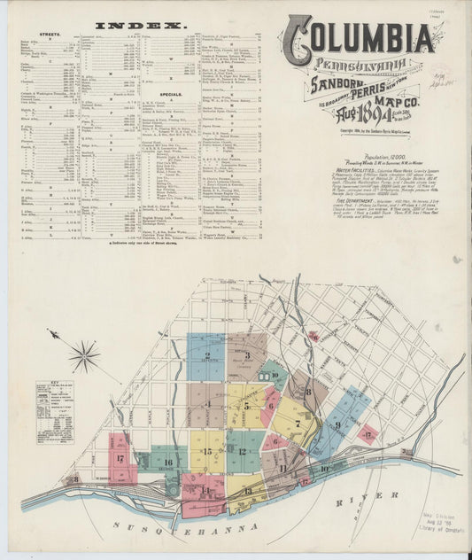 Sanborn Fire Insurance Map from Columbia, Lancaster County, Pennsylvania (1894), Sheet #0001 - Historic Sanborn Fire Insurance Map Print, vintage old map wall art, antique decor, genealogy gift, Pennsylvania Pennsylvania map
