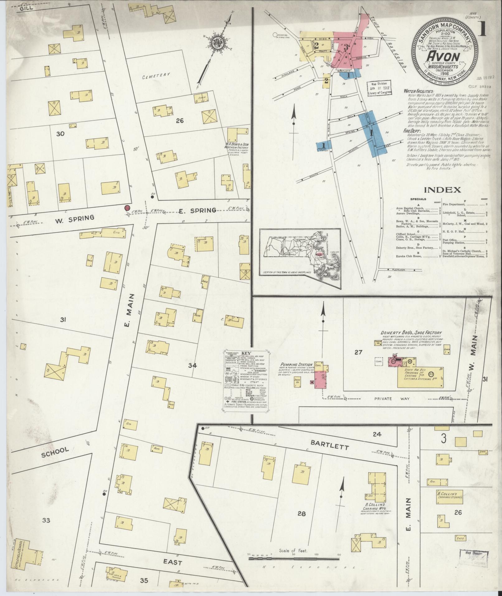 Sanborn Fire Insurance Map from Avon, Norfolk County, Massachusetts (1916), Sheet #0001 - Complete Map Set gallery image, historic Sanborn map, vintage wall art, Massachusetts Massachusetts