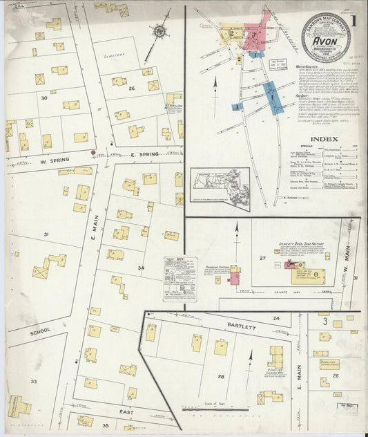 Sanborn Fire Insurance Map from Avon, Norfolk County, Massachusetts (1916), Sheet #0001 - Complete Map Set gallery image, historic Sanborn map, vintage wall art, Massachusetts Massachusetts