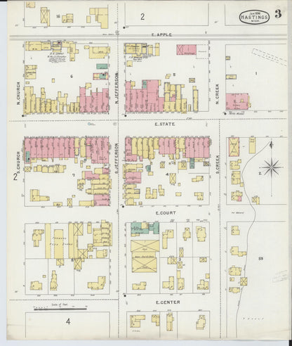 Sanborn Fire Insurance Map from Hastings, Barry County, Michigan (1896), Sheet #0003 - Historic Sanborn Fire Insurance Map Print, vintage old map wall art, antique decor, genealogy gift, Michigan Michigan map