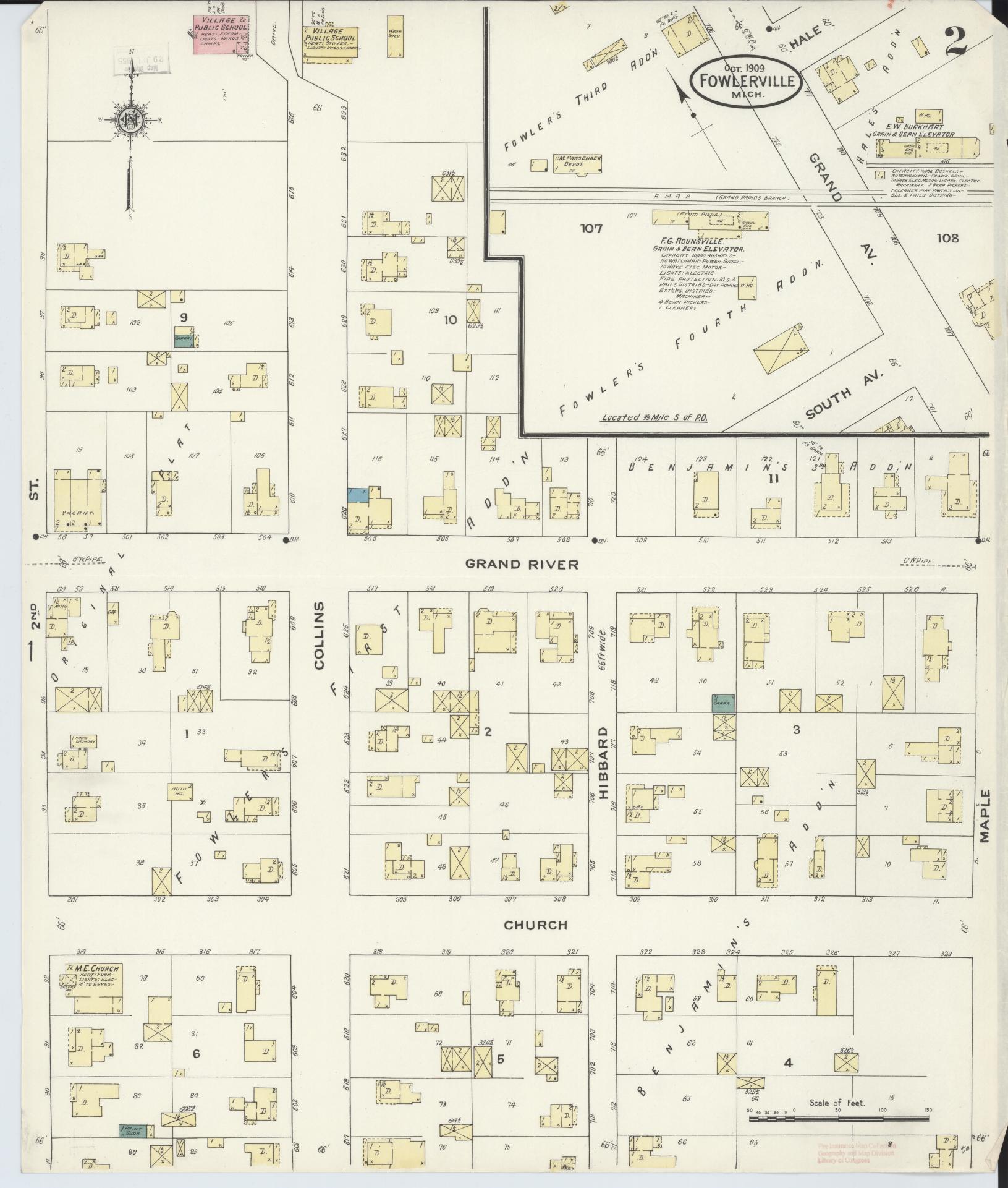 Sanborn Fire Insurance Map from Fowlerville, Livingston County, Michigan (1909), Sheet #0002 - Complete Map Set gallery image, historic Sanborn map, vintage wall art, Michigan Michigan