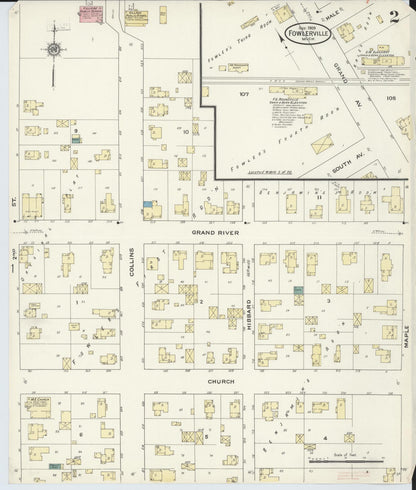 Sanborn Fire Insurance Map from Fowlerville, Livingston County, Michigan (1909), Sheet #0002 - Complete Map Set gallery image, historic Sanborn map, vintage wall art, Michigan Michigan