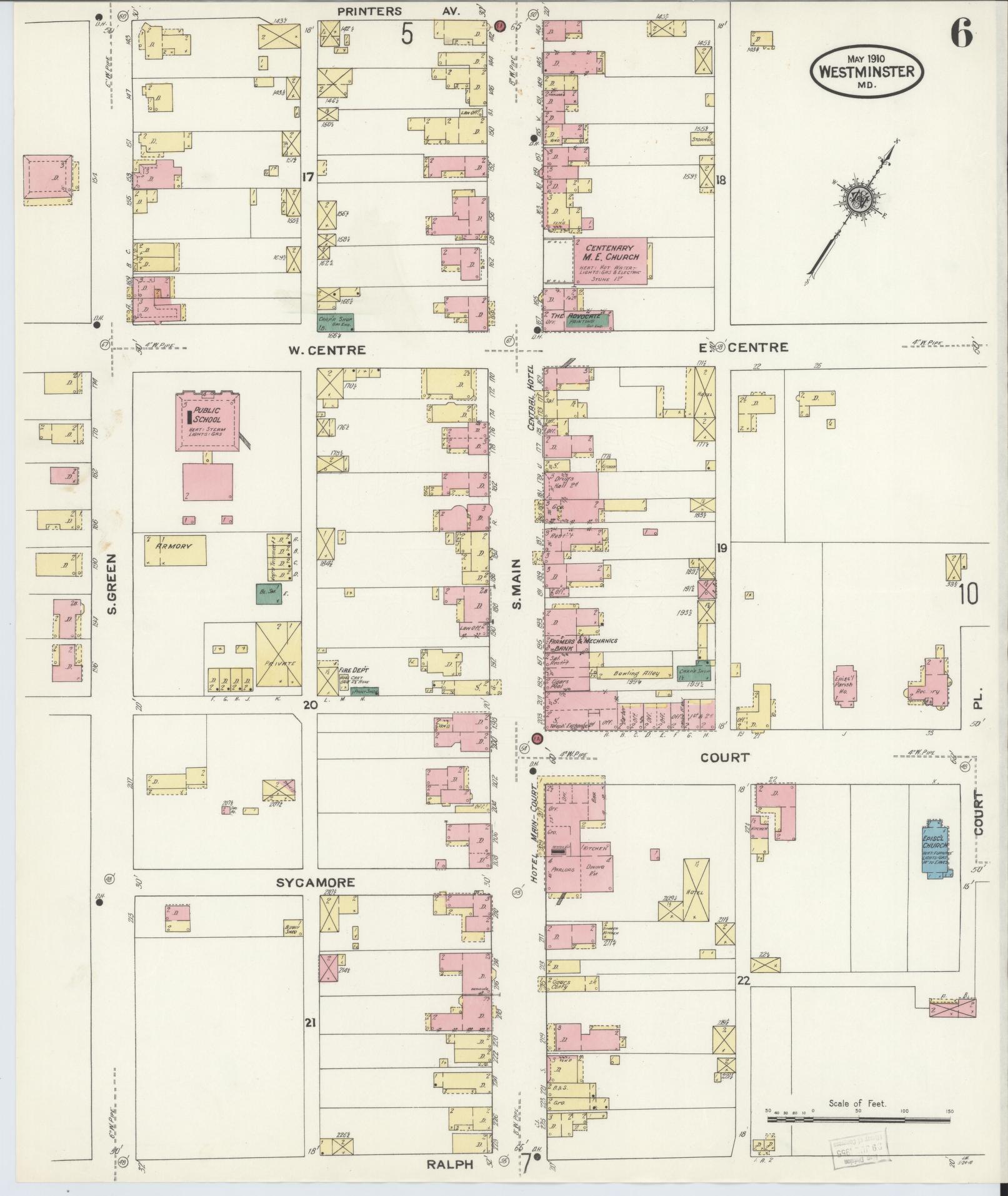 Sanborn Fire Insurance Map from Westminster, Carroll County, Maryland (1910), Sheet #0006 - Historic Sanborn Fire Insurance Map Print, vintage old map wall art, antique decor, genealogy gift, Maryland Maryland map