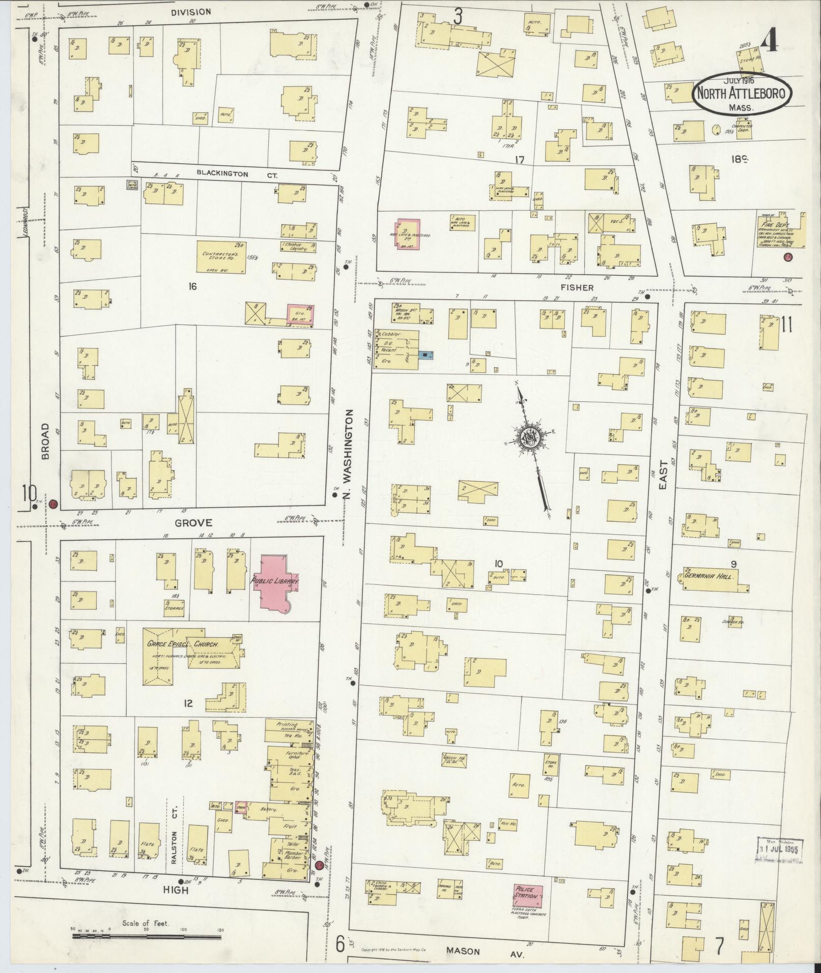 Sanborn Fire Insurance Map from North Attleborough, Bristol County, Massachusetts (1916), Sheet #0004 - Complete Map Set gallery image, historic Sanborn map, vintage wall art, Massachusetts Massachusetts