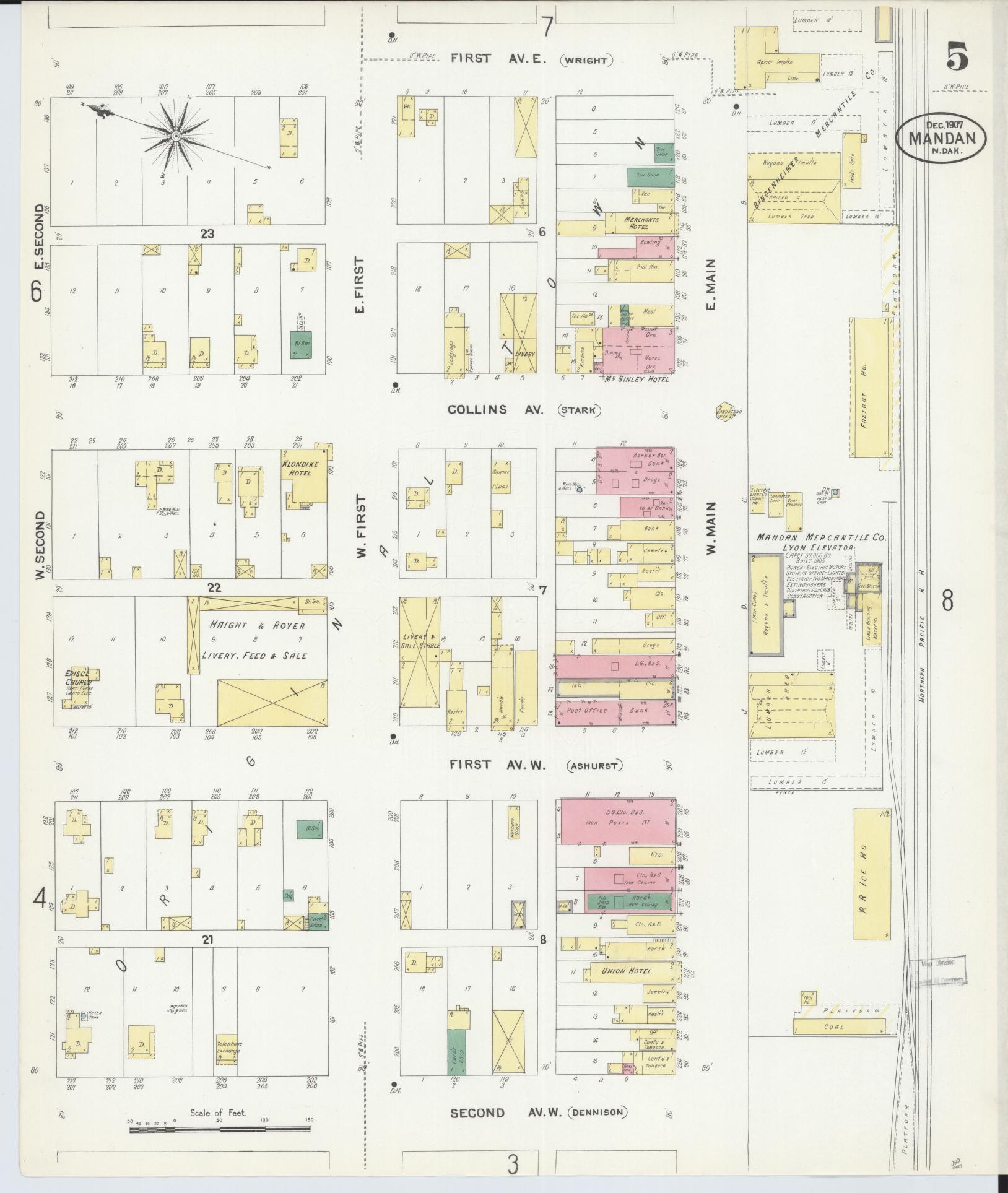 Sanborn Fire Insurance Map from Mandan, Morton County, North Dakota (1907), Sheet #0005 - Complete Map Set gallery image, historic Sanborn map, vintage wall art, North Dakota North Dakota