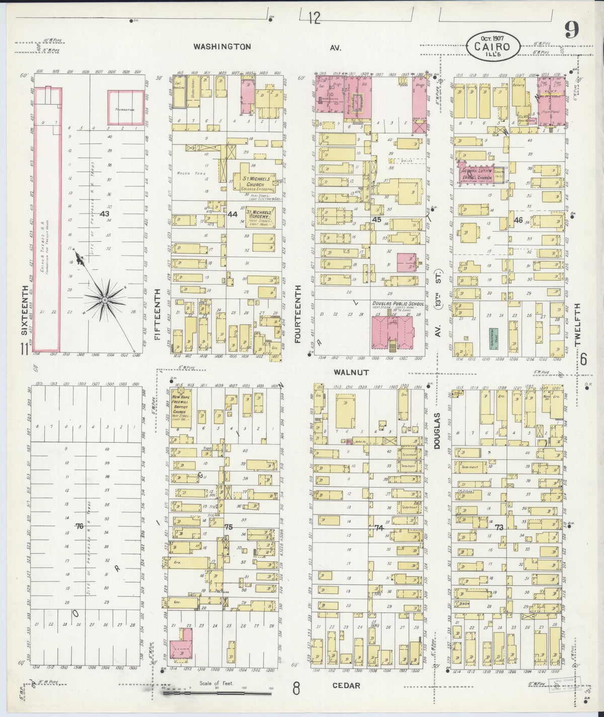 Sanborn Fire Insurance Map from Cairo, Alexander County, Illinois (1907), Sheet #0009 - Historic Sanborn Fire Insurance Map Print, vintage old map wall art, antique decor, genealogy gift, Illinois Illinois map