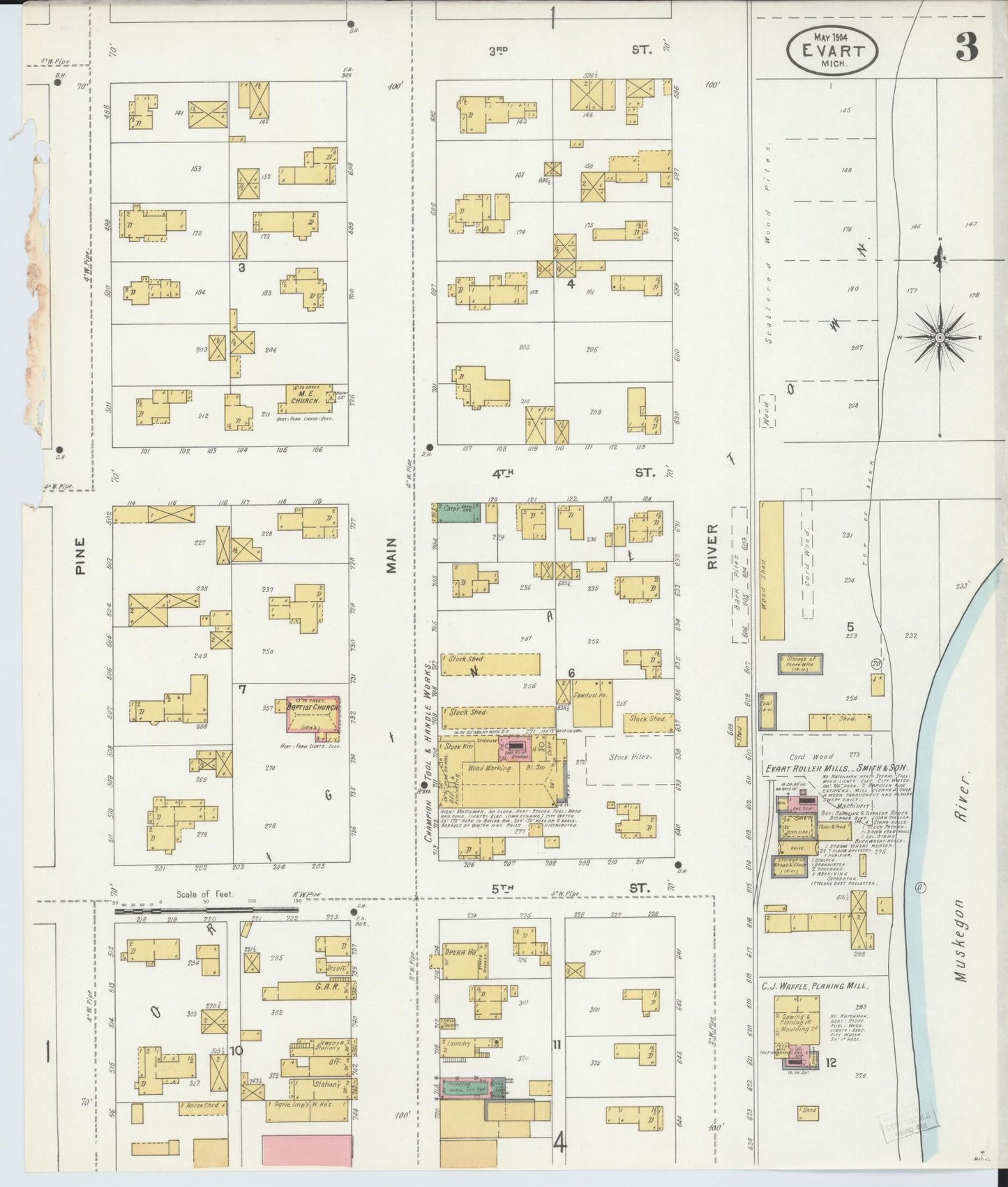Sanborn Fire Insurance Map from Evart, Osceola County, Michigan (1904), Sheet #0003 - Complete Map Set gallery image, historic Sanborn map, vintage wall art, Michigan Michigan