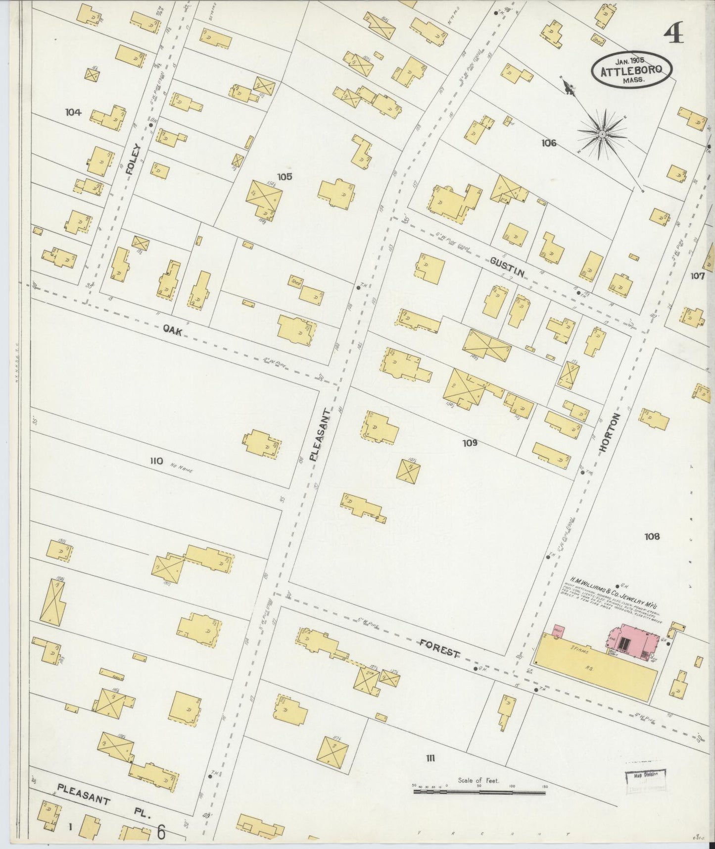 Sanborn Fire Insurance Map from Attleboro, Bristol County, Massachusetts (1905), Sheet #0004 - Complete Map Set gallery image, historic Sanborn map, vintage wall art, Massachusetts Massachusetts