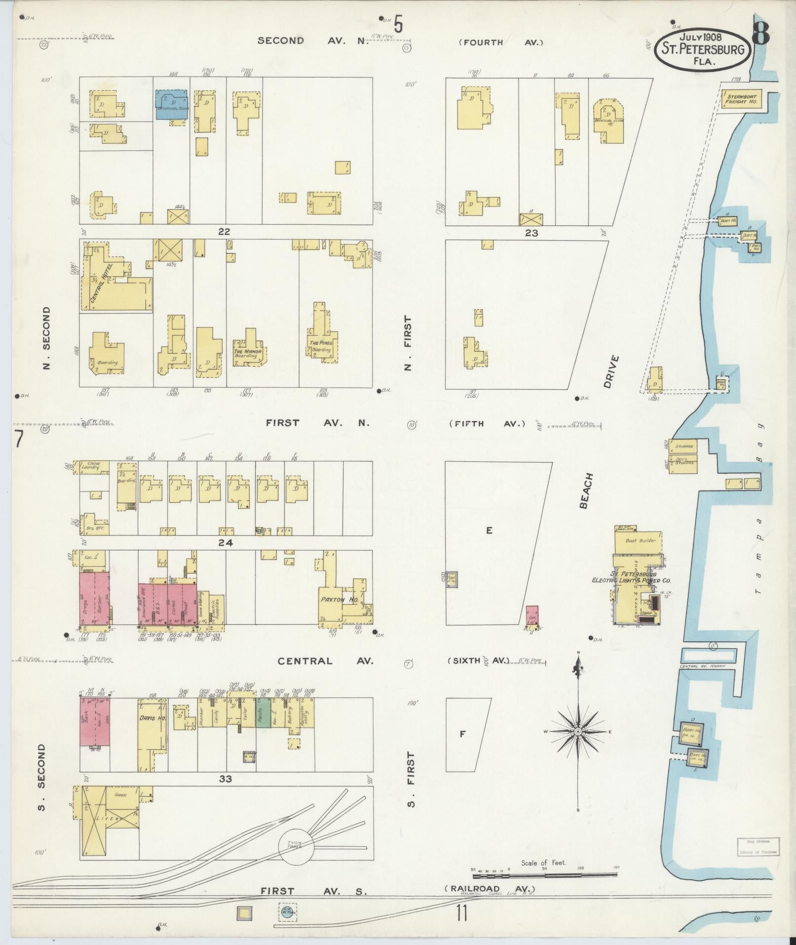 Sanborn Fire Insurance Map from Saint Petersburg, Pinellas County, Florida (1908), Sheet #0008 - Complete Map Set gallery image, historic Sanborn map, vintage wall art, Florida Florida
