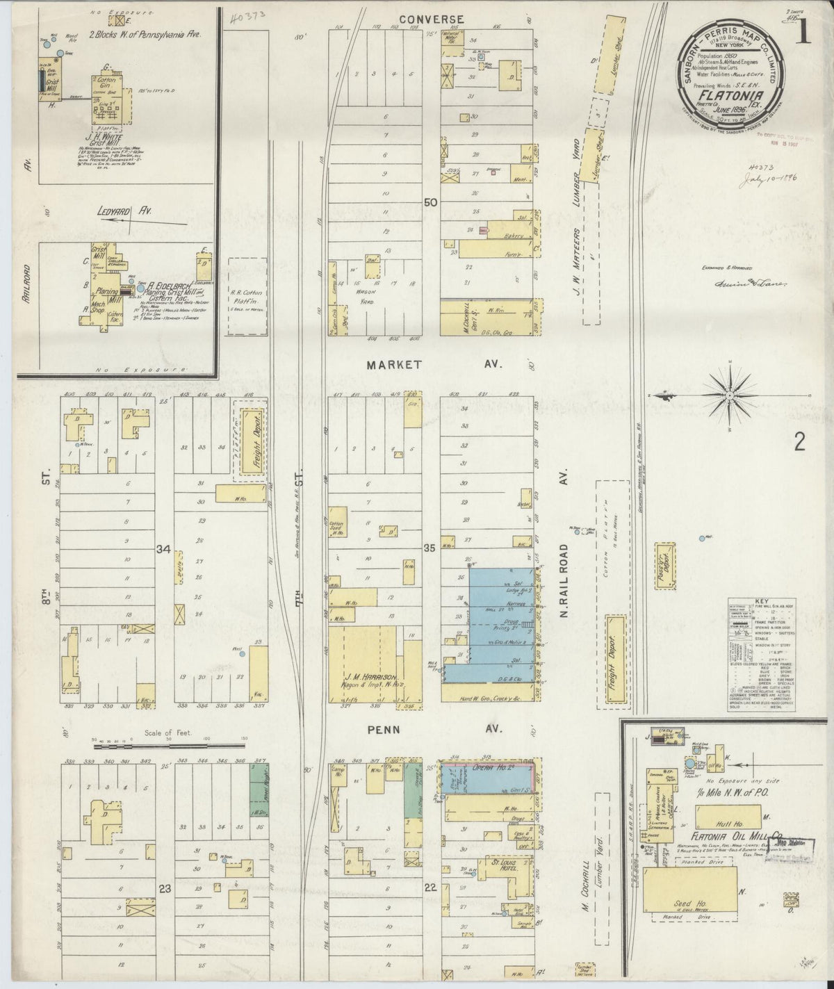 Sanborn Fire Insurance Map from Flatonia, Fayette County, Texas (1896), Sheet #0001 - Historic Sanborn Fire Insurance Map Print, vintage old map wall art, antique decor, genealogy gift, Texas Texas map