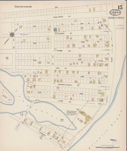 Sanborn Fire Insurance Map from Lewes, Sussex County, Delaware (1922), Sheet #0015 - Historic Sanborn Fire Insurance Map Print, vintage old map wall art, antique decor, genealogy gift, Delaware Delaware map