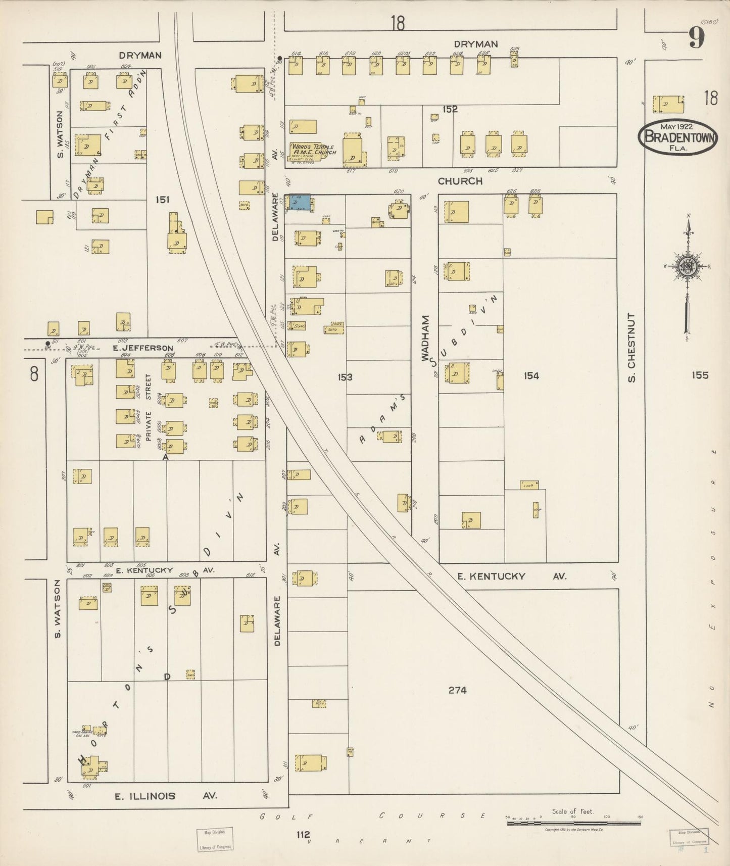 Sanborn Fire Insurance Map from Bradentown, Manatee County, Florida (1922), Sheet #0009 - Historic Sanborn Fire Insurance Map Print, vintage old map wall art, antique decor, genealogy gift, Florida Florida map