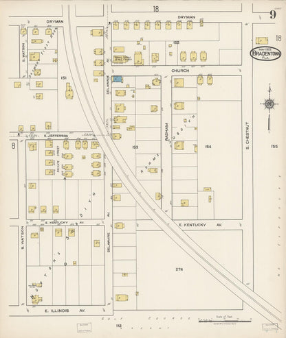 Sanborn Fire Insurance Map from Bradentown, Manatee County, Florida (1922), Sheet #0009 - Historic Sanborn Fire Insurance Map Print, vintage old map wall art, antique decor, genealogy gift, Florida Florida map
