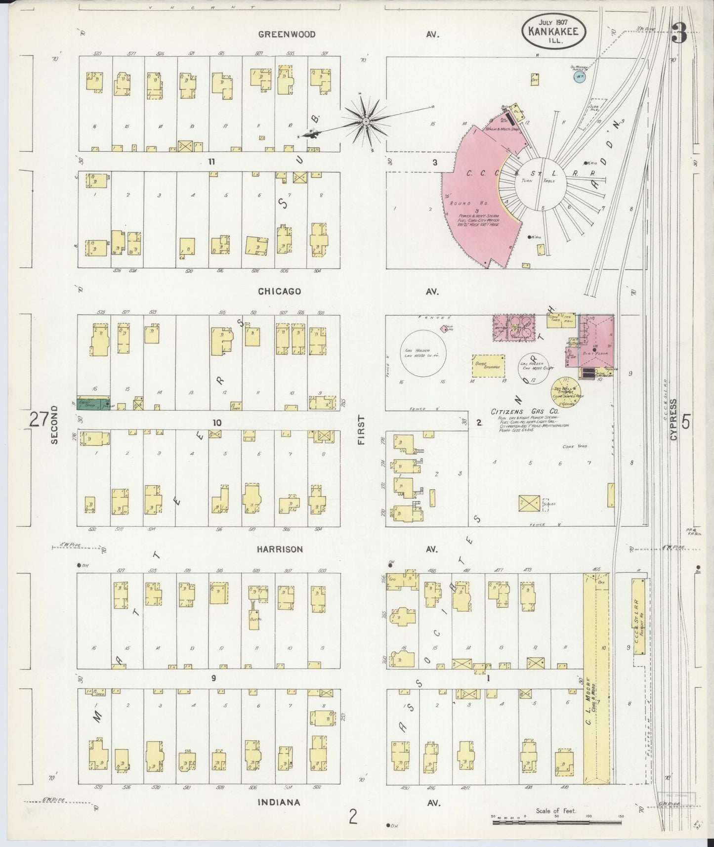Sanborn Fire Insurance Map from Kankakee, Kankakee County, Illinois (1907), Sheet #0003 - Historic Sanborn Fire Insurance Map Print, vintage old map wall art, antique decor, genealogy gift, Illinois Illinois map
