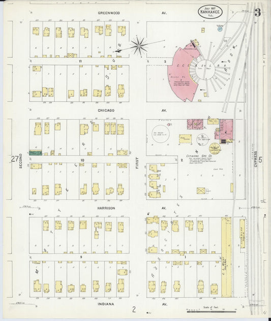 Sanborn Fire Insurance Map from Kankakee, Kankakee County, Illinois (1907), Sheet #0003 - Historic Sanborn Fire Insurance Map Print, vintage old map wall art, antique decor, genealogy gift, Illinois Illinois map
