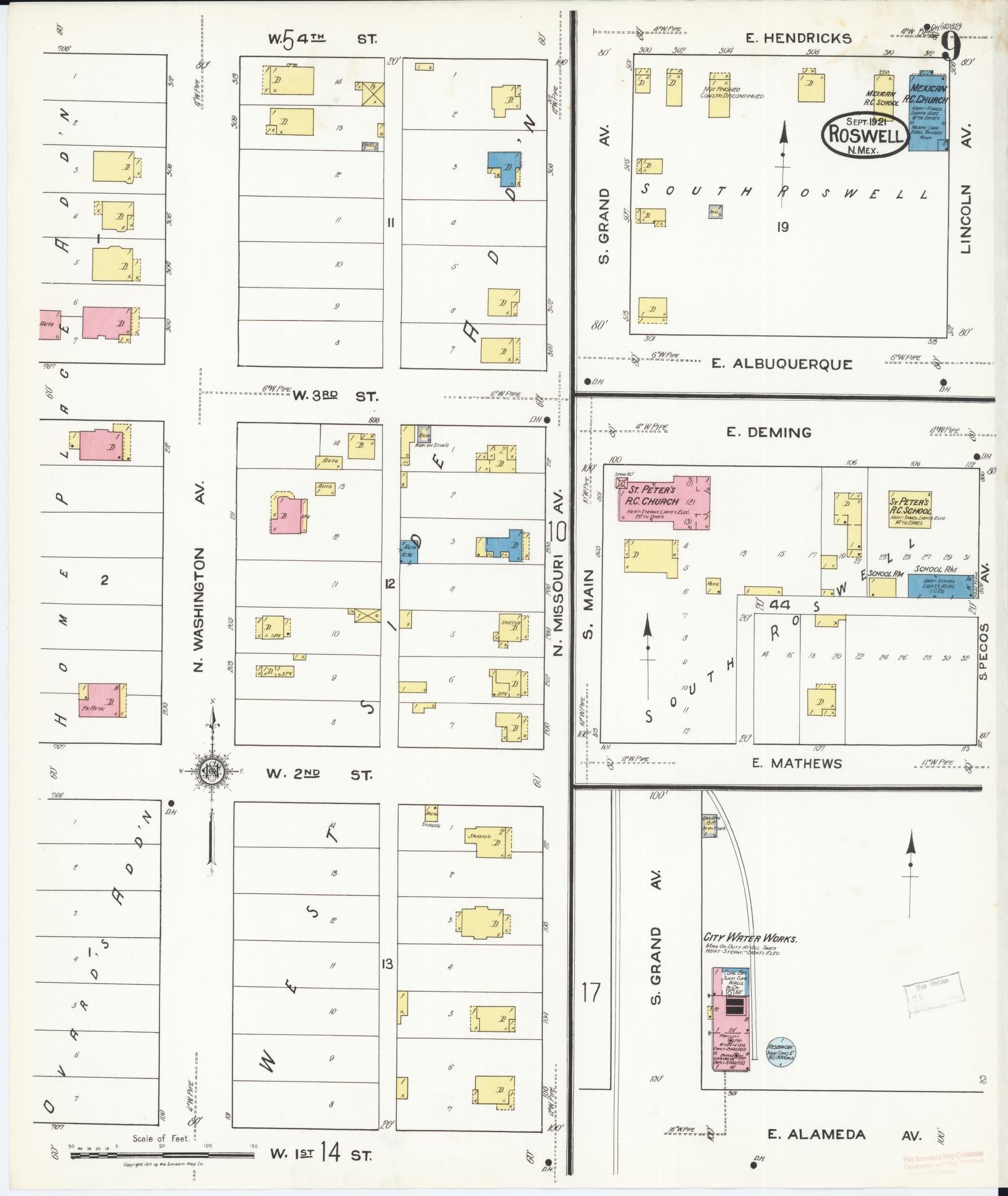Sanborn Fire Insurance Map from Roswell, Chaves County, New Mexico (1921), Sheet #0009 - Historic Sanborn Fire Insurance Map Print, vintage old map wall art, antique decor, genealogy gift, New Mexico New Mexico map