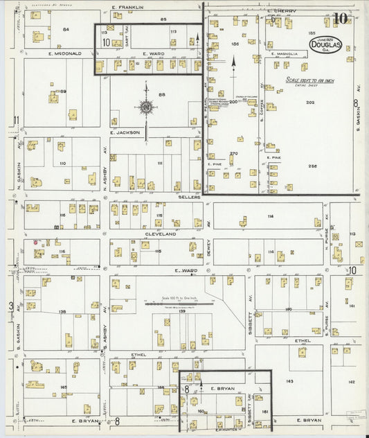 Sanborn Fire Insurance Map from Douglas, Coffee County, Georgia (1920), Sheet #0010 - Historic Sanborn Fire Insurance Map Print, vintage old map wall art, antique decor, genealogy gift, Georgia Georgia map