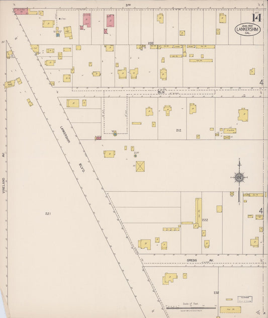 Sanborn Fire Insurance Map from Lankershim, Los Angeles County, California (1922), Sheet #0014 - Historic Sanborn Fire Insurance Map Print, vintage old map wall art, antique decor, genealogy gift, California California map