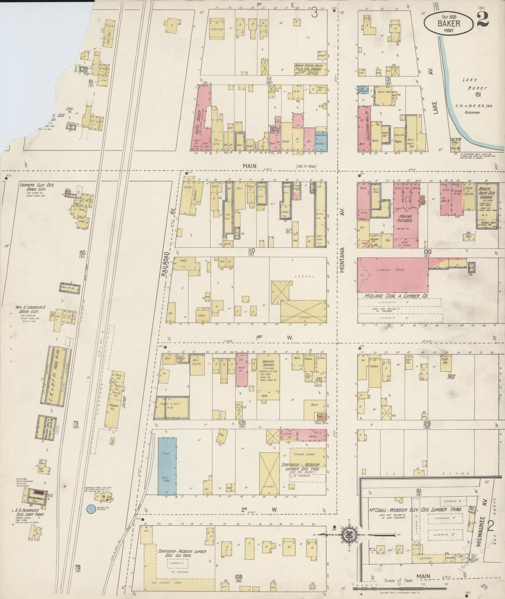 Sanborn Fire Insurance Map from Baker, Fallon County, Montana (1920), Sheet #0002 - Complete Map Set gallery image, historic Sanborn map, vintage wall art, Montana Montana