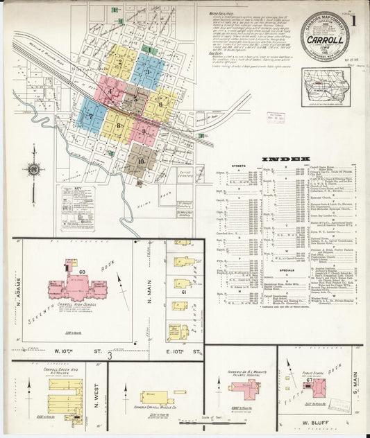 Sanborn Fire Insurance Map from Carroll, Carroll County, Iowa (1915), Sheet #0001 - Historic Sanborn Fire Insurance Map Print, vintage old map wall art