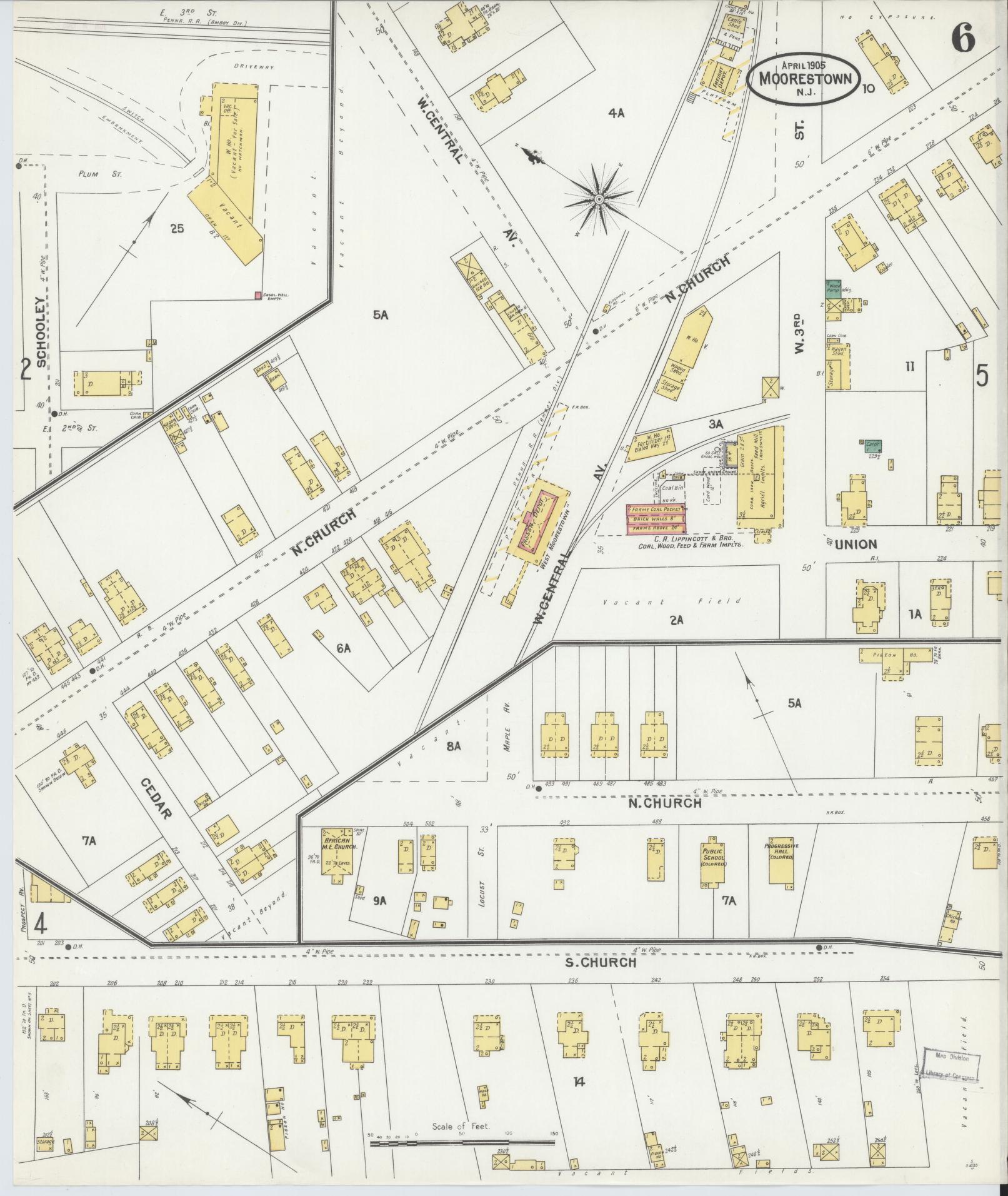 Sanborn Fire Insurance Map from Moorestown, Burlington County, New Jersey (1905), Sheet #0006 - Historic Sanborn Fire Insurance Map Print, vintage old map wall art, antique decor, genealogy gift, New Jersey New Jersey map