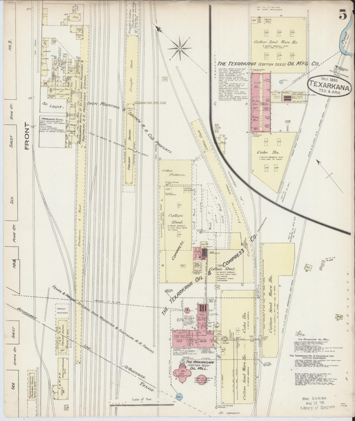 Sanborn Fire Insurance Map from Texarkana, Bowie County, Texas (1885), Sheet #0005 - Historic Sanborn Fire Insurance Map Print, vintage old map wall art, antique decor, genealogy gift, Texas Texas map