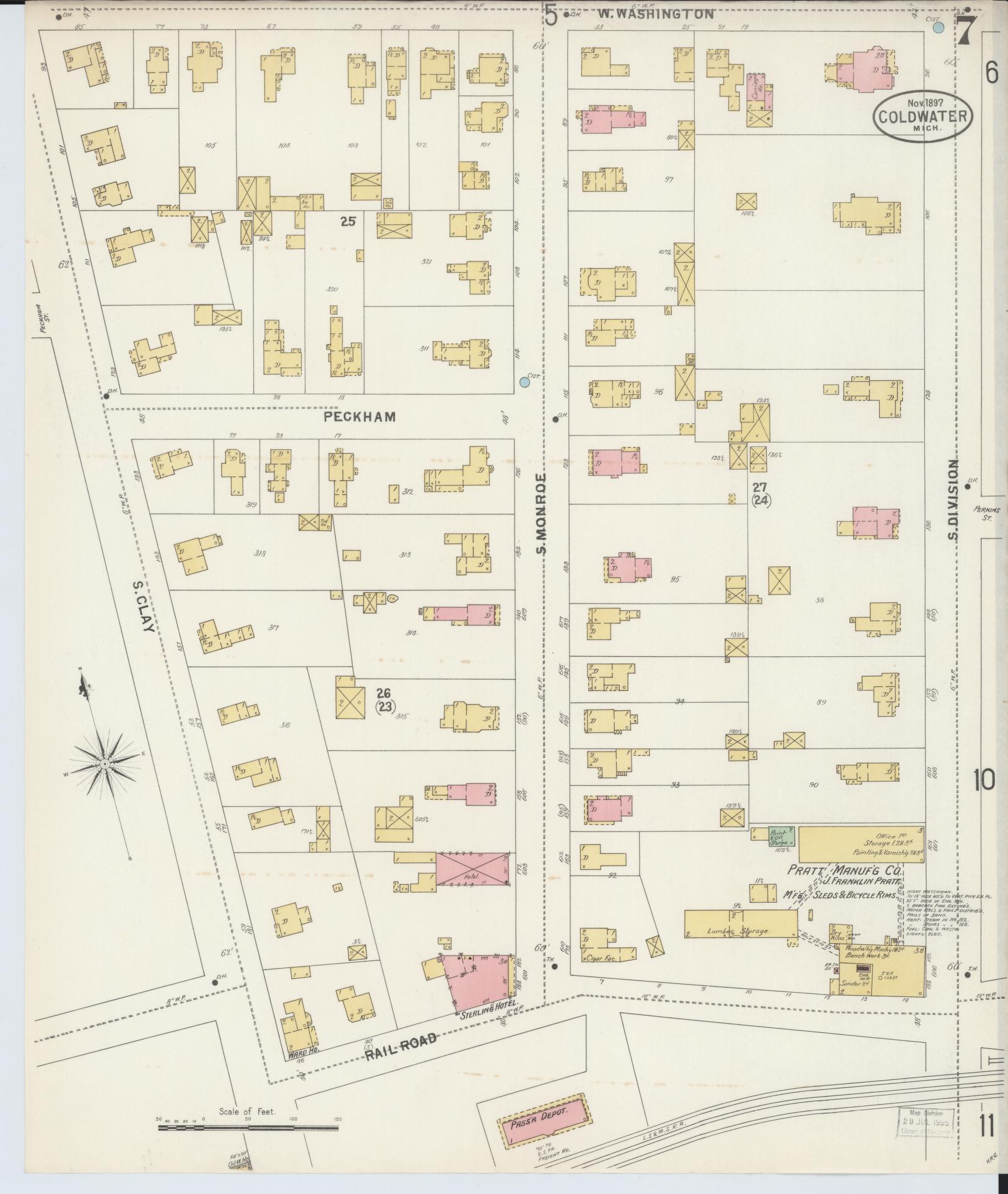 Sanborn Fire Insurance Map from Coldwater, Branch County, Michigan (1897), Sheet #0007 - Complete Map Set gallery image, historic Sanborn map, vintage wall art, Michigan Michigan
