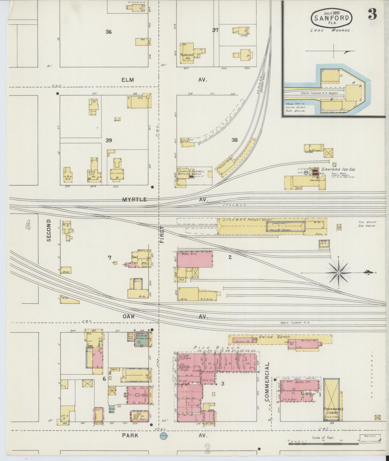 Sanborn Fire Insurance Map from Sanford, Seminole County, Florida (1895), Sheet #0003 - Complete Map Set gallery image, historic Sanborn map, vintage wall art, Florida Florida