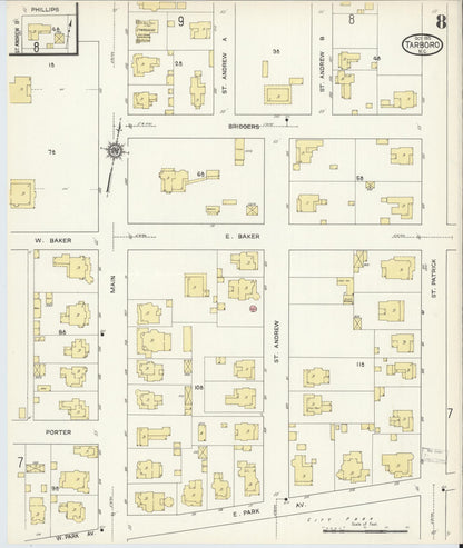 Sanborn Fire Insurance Map from Tarboro, Edgecombe County, North Carolina (1913), Sheet #0008 - Historic Sanborn Fire Insurance Map Print, vintage old map wall art, antique decor, genealogy gift, North Carolina North Carolina map