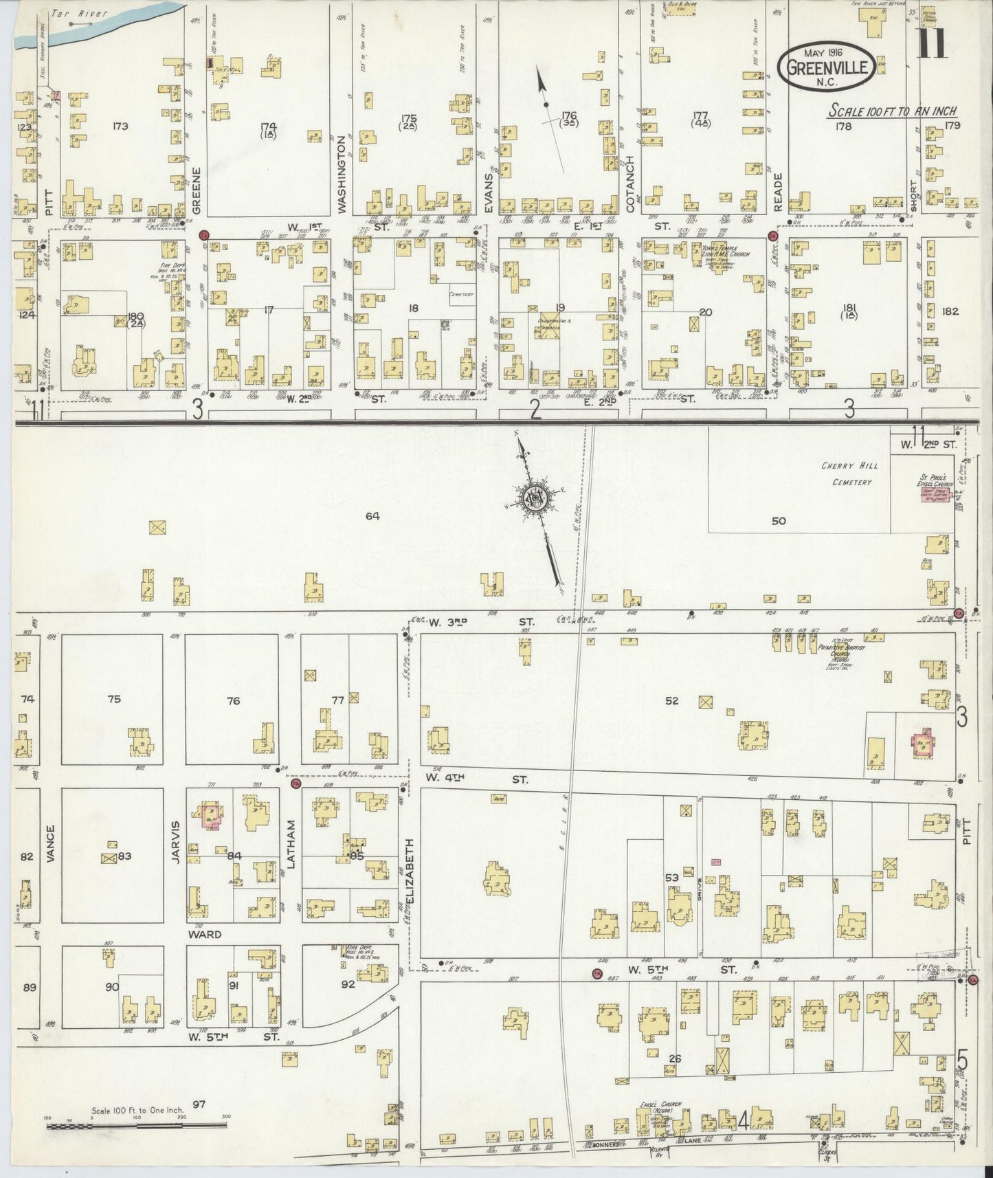 Sanborn Fire Insurance Map from Greenville, Pitt County, North Carolina (1916), Sheet #0011 - Complete Map Set gallery image, historic Sanborn map, vintage wall art, North Carolina North Carolina