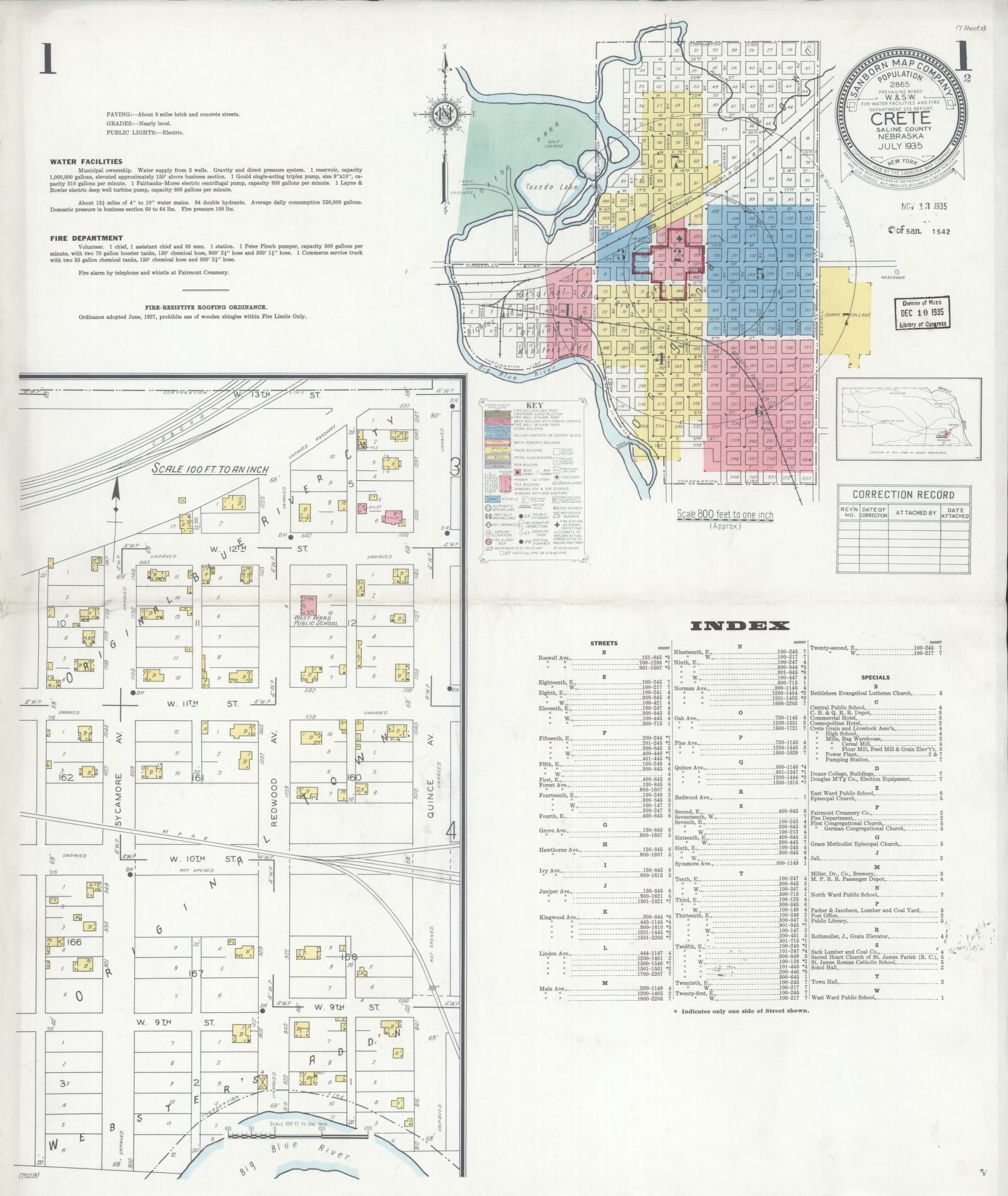 Sanborn Fire Insurance Map from Crete, Saline County, Nebraska (1935), Sheet #0001 - Historic Sanborn Fire Insurance Map Print, vintage old map wall art, antique decor, genealogy gift, Nebraska Nebraska map