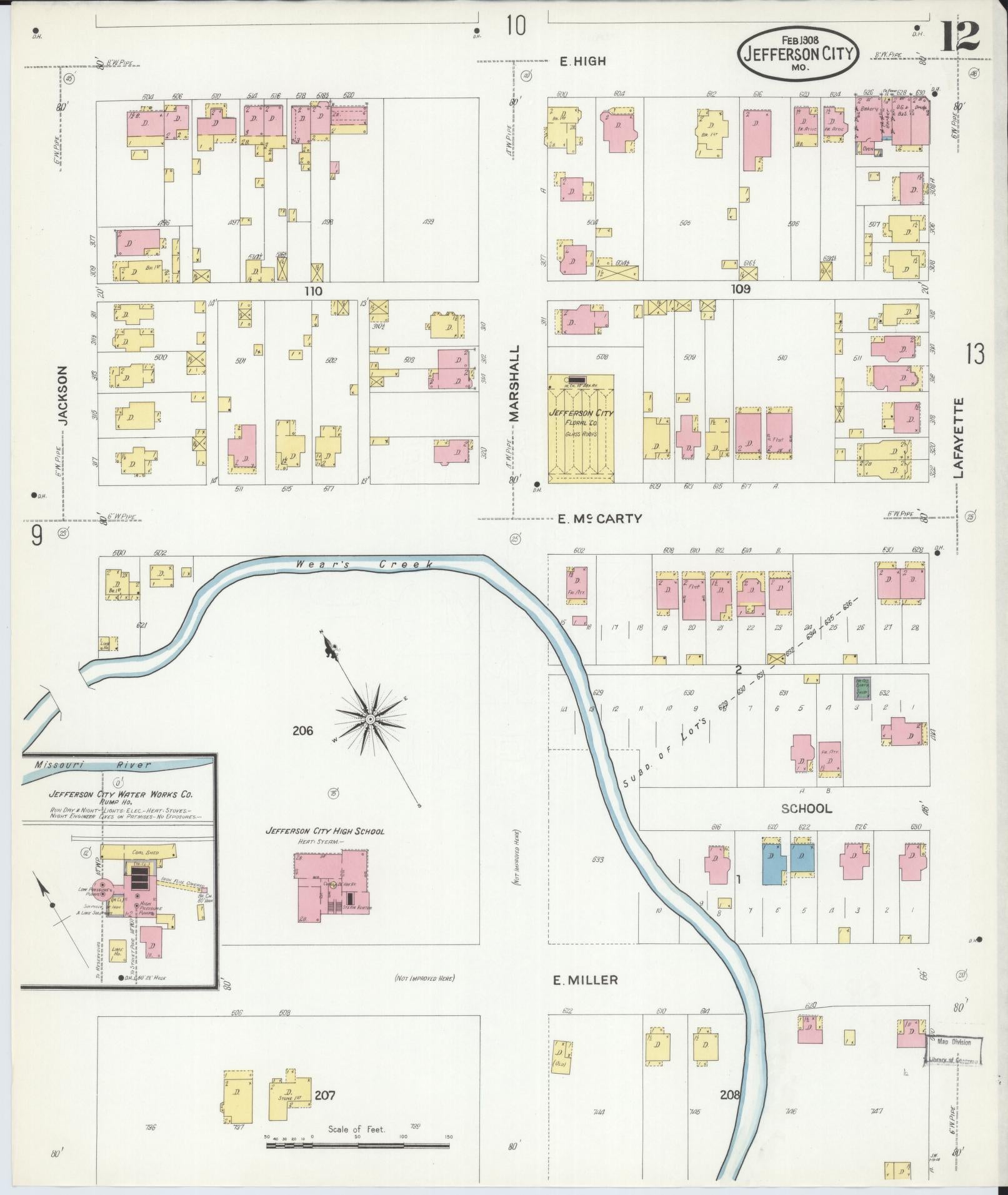 Sanborn Fire Insurance Map from Jefferson City, Cole County, Missouri (1908), Sheet #0012 - Historic Sanborn Fire Insurance Map Print, vintage old map wall art, antique decor, genealogy gift, Missouri Missouri map