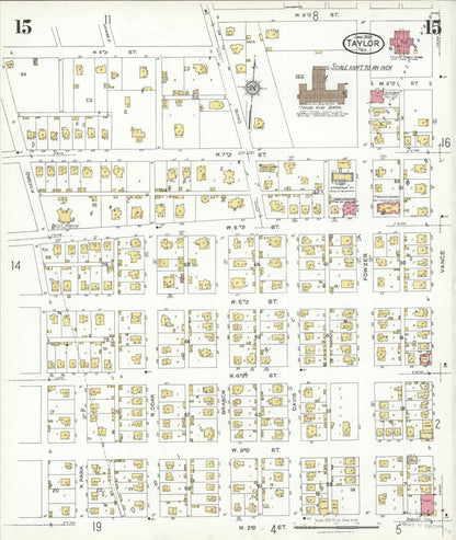Sanborn Fire Insurance Map from Taylor, Williamson County, Texas (1923), Sheet #0015 - Complete Map Set gallery image, historic Sanborn map, vintage wall art, Texas Texas