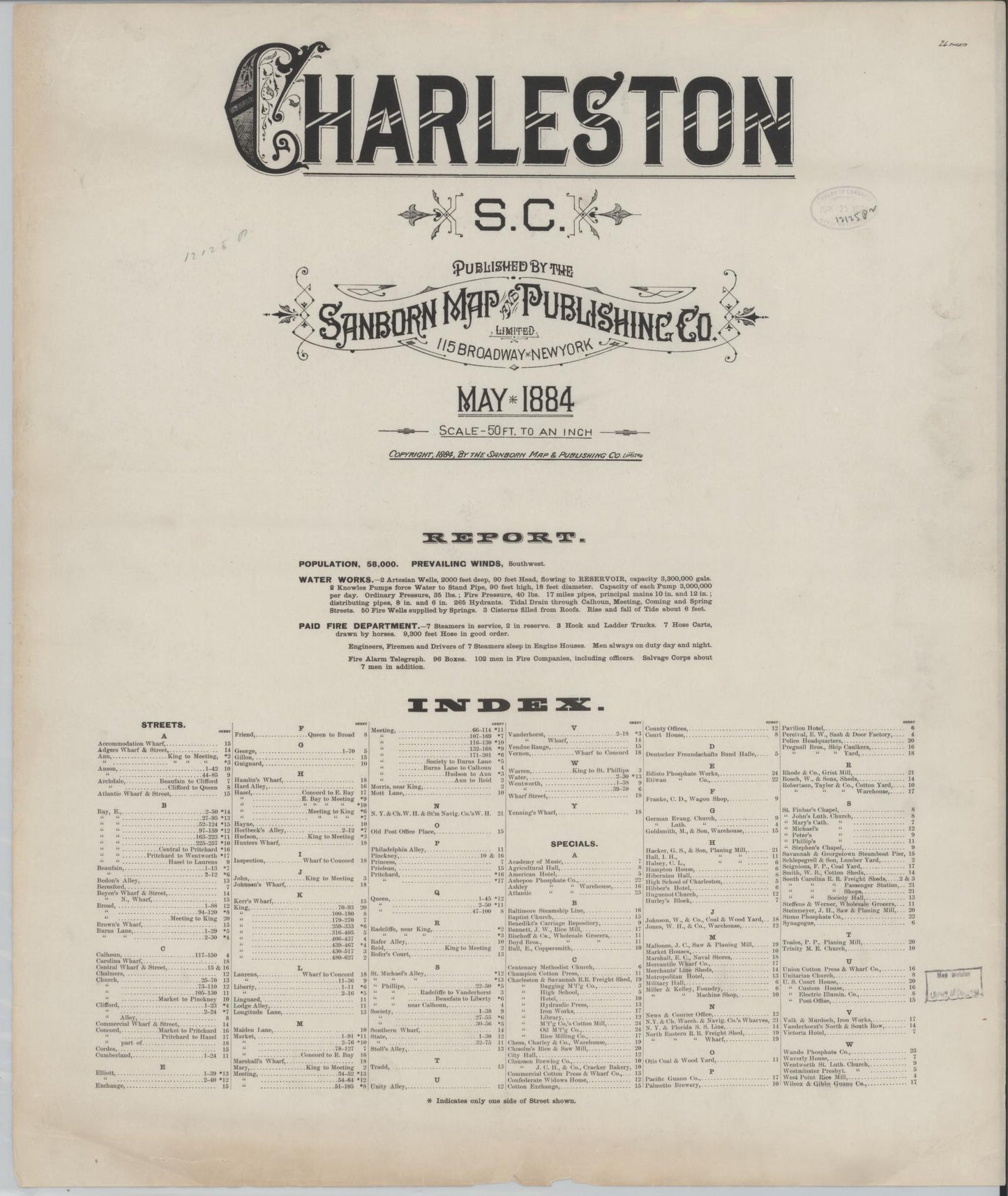 Sanborn Fire Insurance Map from Charleston, Charleston County, South Carolina (1884), Sheet #0001 - Historic Sanborn Fire Insurance Map Print, vintage old map wall art, antique decor, genealogy gift, South Carolina South Carolina map