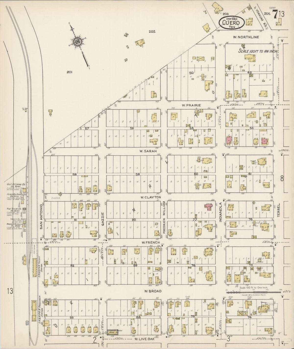 Sanborn Fire Insurance Map from Cuero, De Witt County, Texas (1922), Sheet #0007 - Complete Map Set gallery image, historic Sanborn map, vintage wall art, Texas Texas