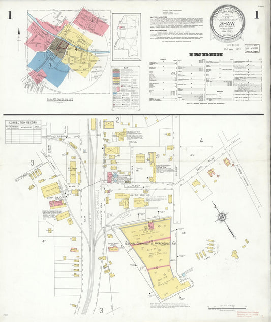 Sanborn Fire Insurance Map from Shaw, Bolivar County, Mississippi (1933), Sheet #0001 - Historic Sanborn Fire Insurance Map Print, vintage old map wall art, antique decor, genealogy gift, Mississippi Mississippi map