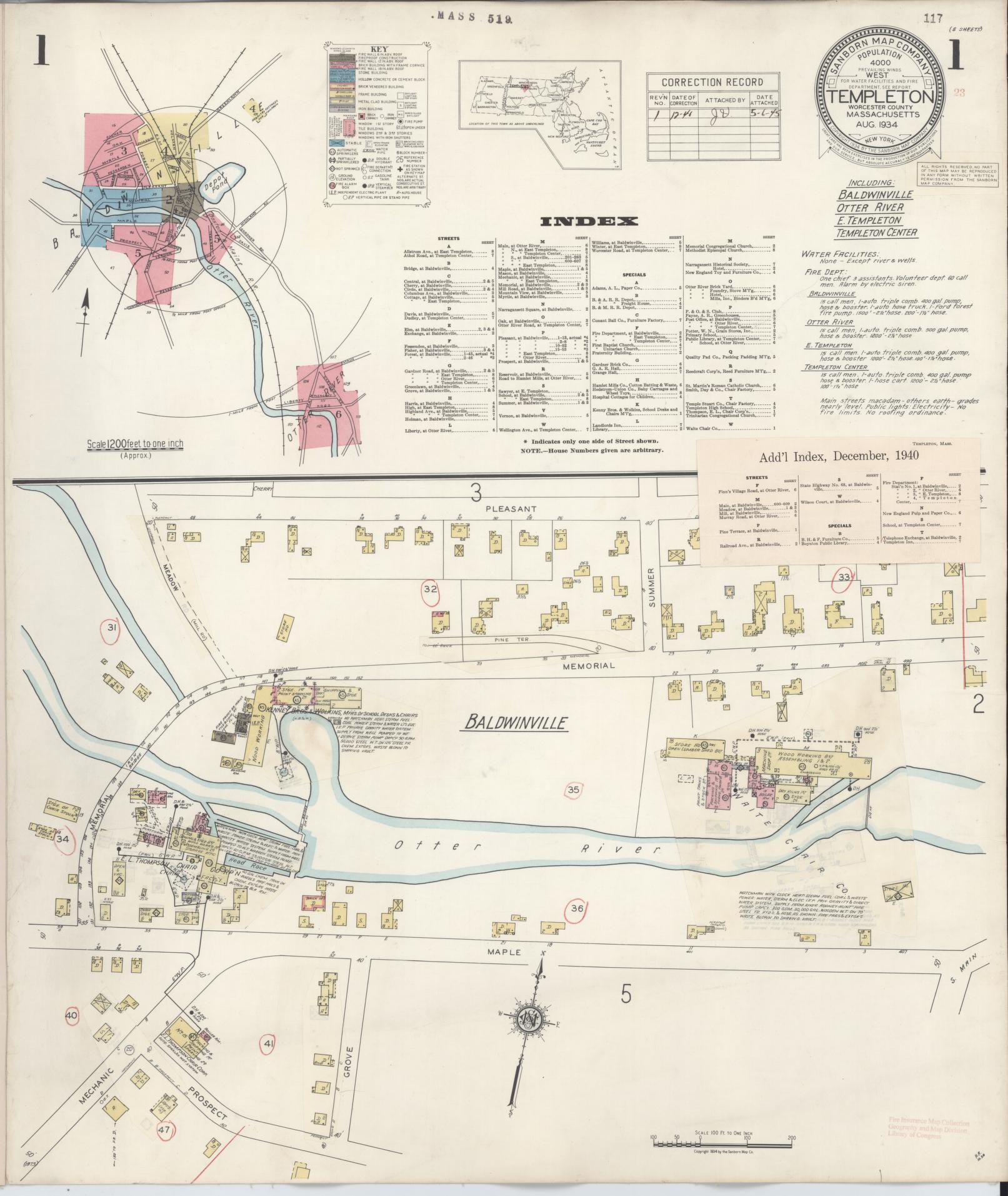 Sanborn Fire Insurance Map from Templeton, Worcester County, Massachusetts (1941), Sheet #0001 - Historic Sanborn Fire Insurance Map Print, vintage old map wall art, antique decor, genealogy gift, Massachusetts Massachusetts map
