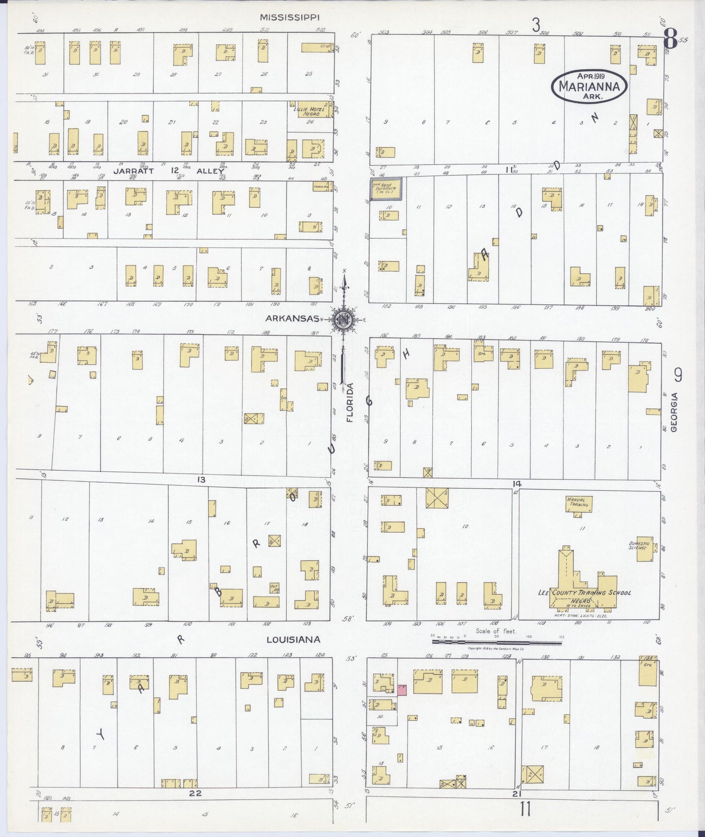 Sanborn Fire Insurance Map from Marianna, Lee County, Arkansas (1919), Sheet #0008 - Historic Sanborn Fire Insurance Map Print, vintage old map wall art, antique decor, genealogy gift, Arkansas Arkansas map