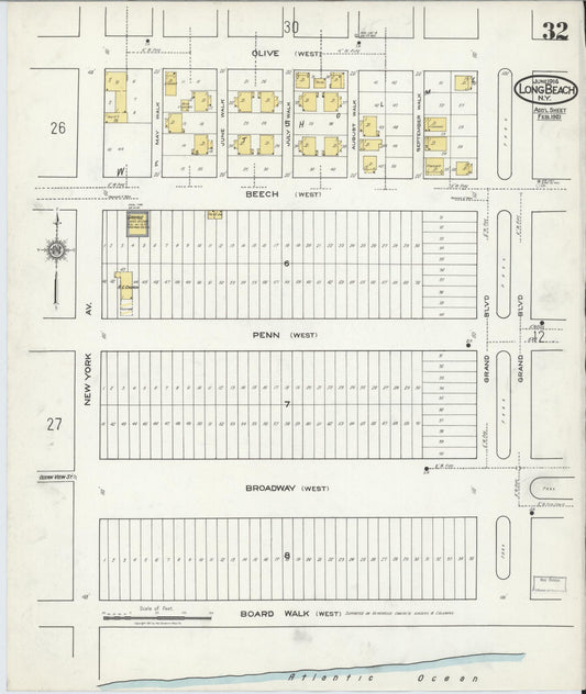 Sanborn Fire Insurance Map from Long Beach, Nassau County, New York (1914), Sheet #0032 - Historic Sanborn Fire Insurance Map Print, vintage old map wall art, antique decor, genealogy gift, New York New York map