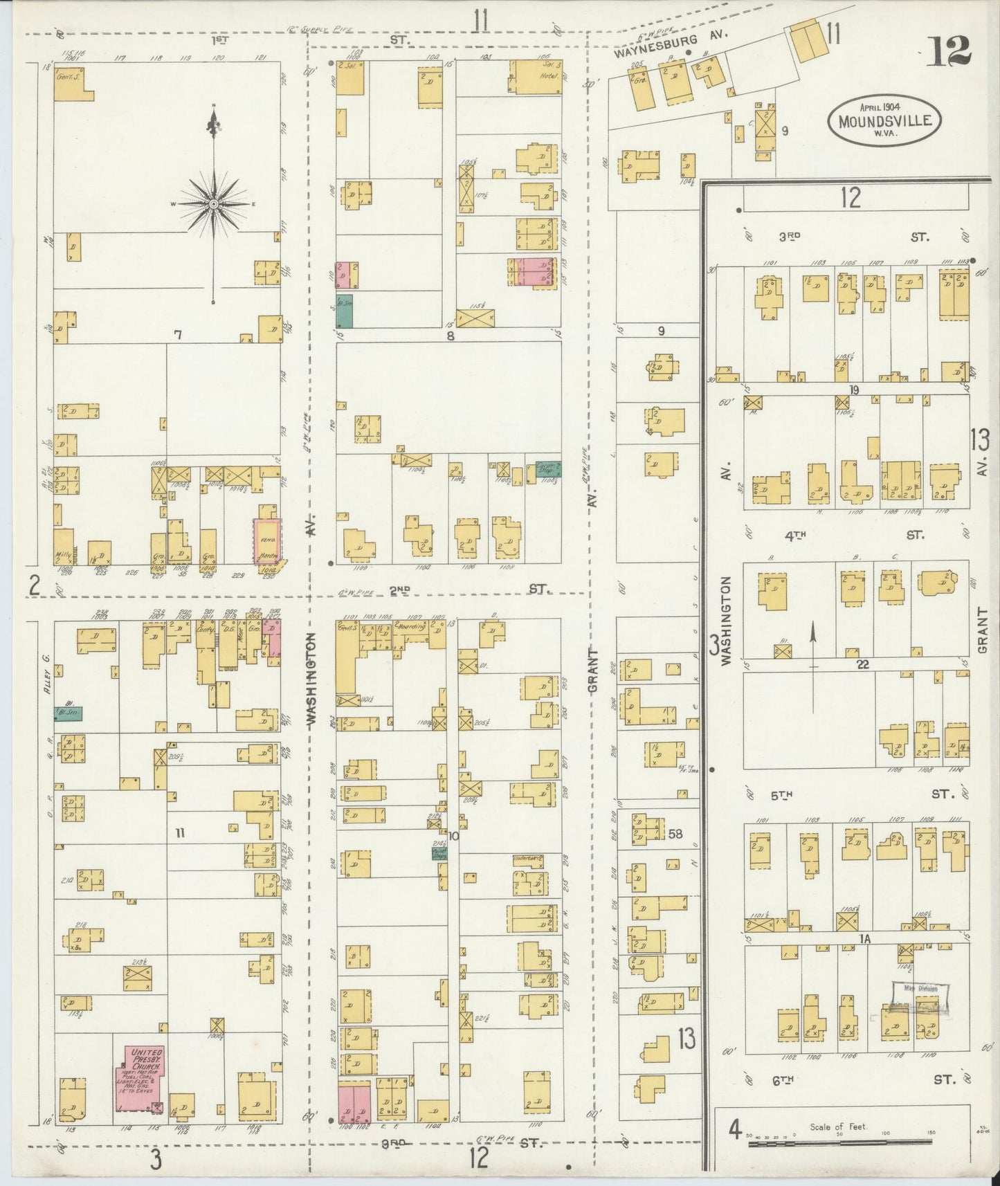 Sanborn Fire Insurance Map from Moundsville, Marshall County, West Virginia (1904), Sheet #0012 - Complete Map Set gallery image, historic Sanborn map, vintage wall art, West Virginia West Virginia
