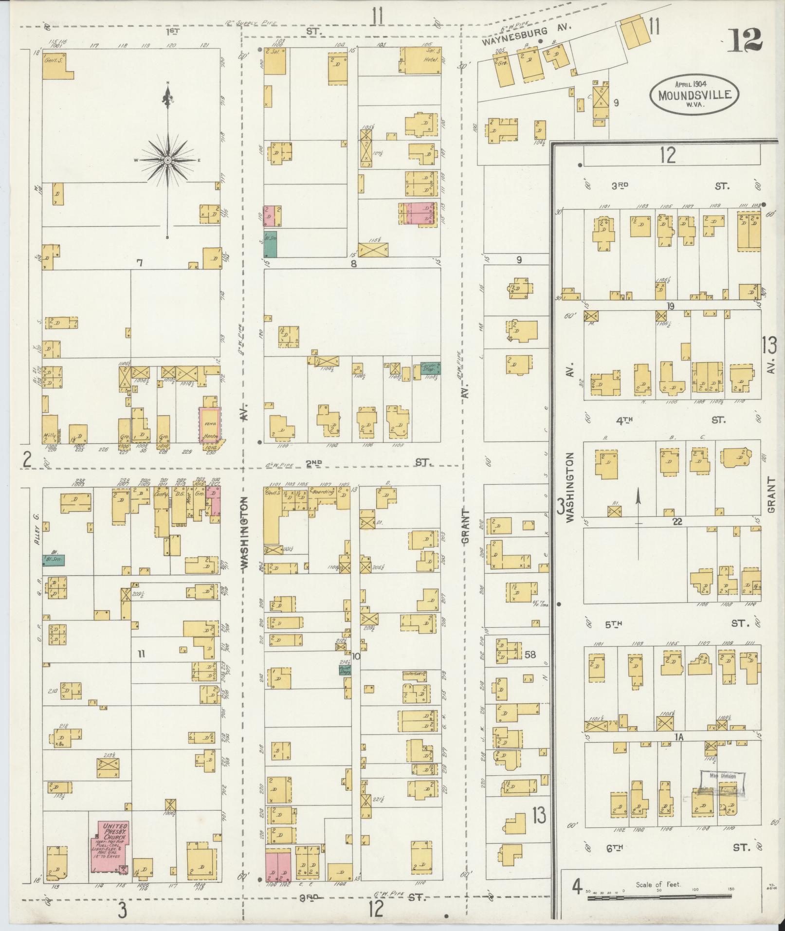 Sanborn Fire Insurance Map from Moundsville, Marshall County, West Virginia (1904), Sheet #0012 - Complete Map Set gallery image, historic Sanborn map, vintage wall art, West Virginia West Virginia