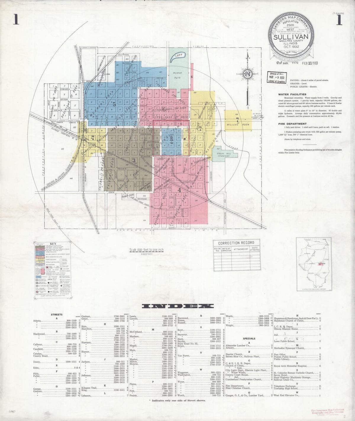 Sanborn Fire Insurance Map from Sullivan, Moultrie County, Illinois (1932), Sheet #0001 - Historic Sanborn Fire Insurance Map Print, vintage old map wall art, antique decor, genealogy gift, Illinois Illinois map