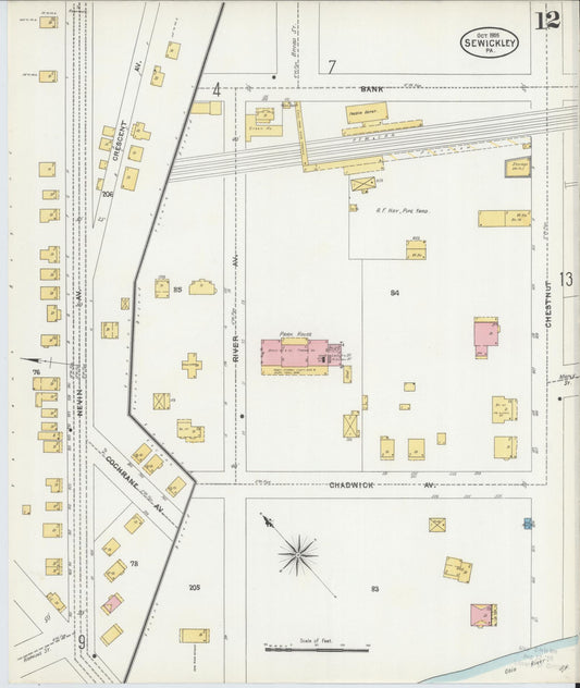 Sanborn Fire Insurance Map from Sewickley, Allegheny County, Pennsylvania (1905), Sheet #0012 - Historic Sanborn Fire Insurance Map Print, vintage old map wall art, antique decor, genealogy gift, Pennsylvania Pennsylvania map