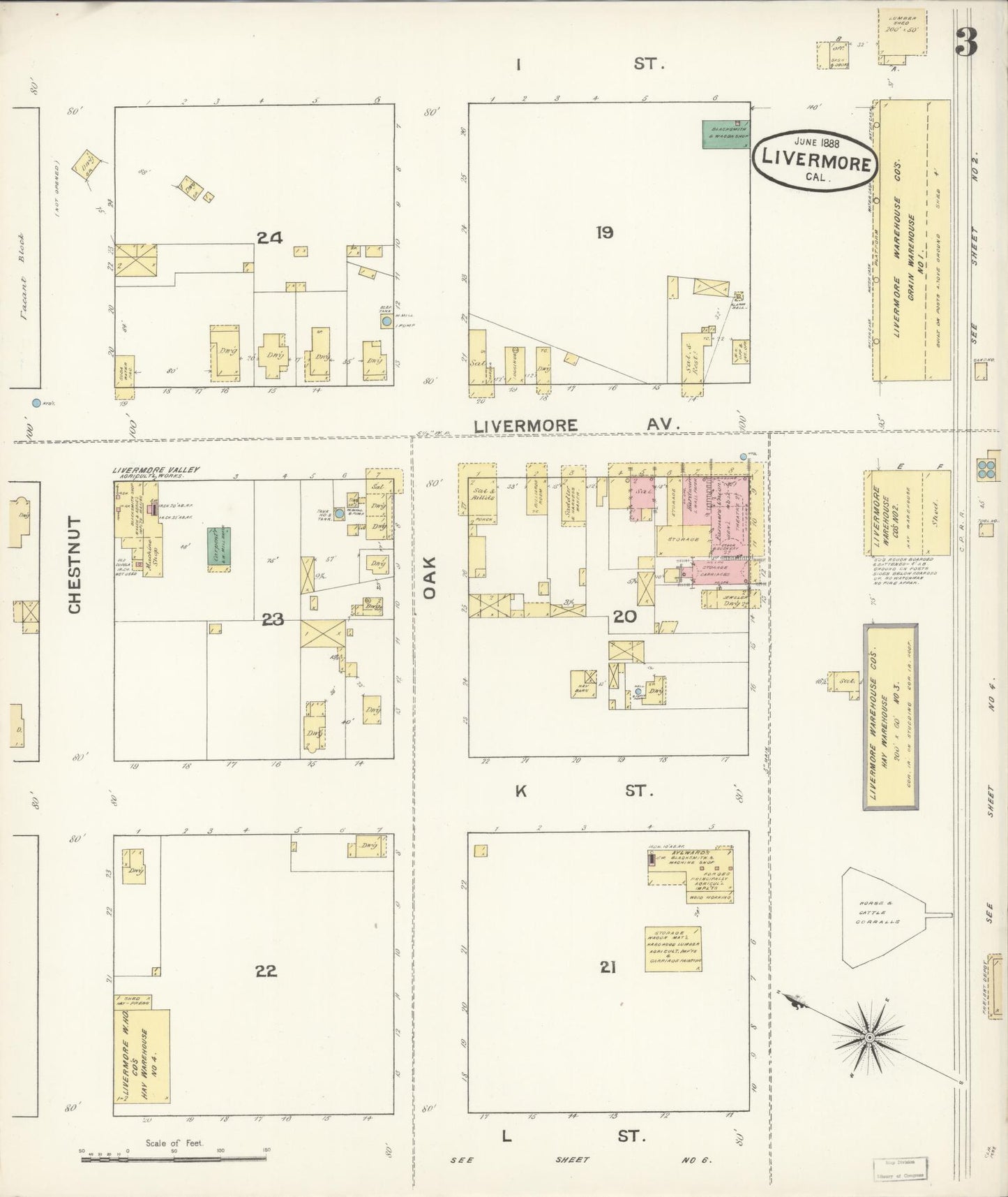 Sanborn Fire Insurance Map from Livermore, Alameda County, California (1888), Sheet #0003 - Historic Sanborn Fire Insurance Map Print, vintage old map wall art, antique decor, genealogy gift, California California map